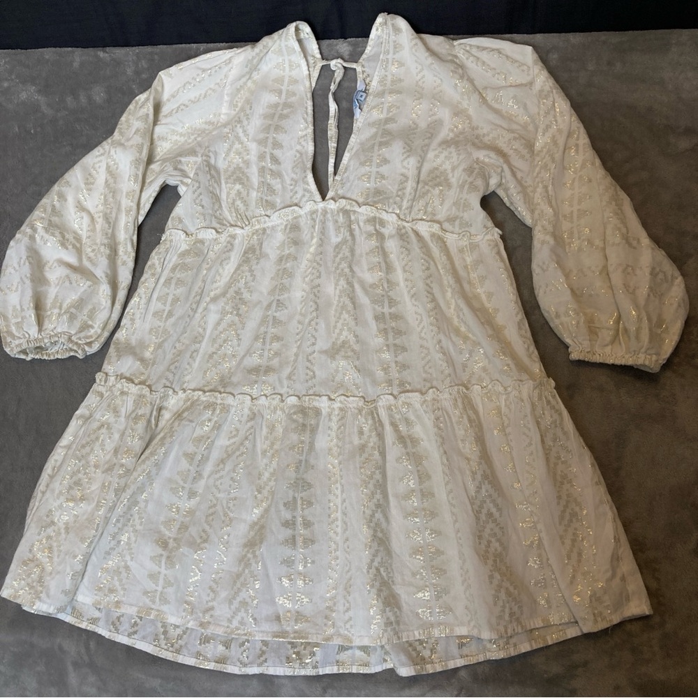 Blue Island Tiered Mini Dress or Tunic Top | White with Metallic Gold Thread